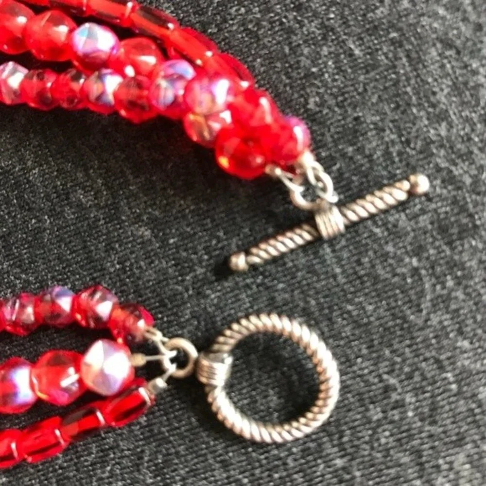 Vintage Handmade Triple Strand Red Aurora Borealis Czech Glass Sterling Clasp